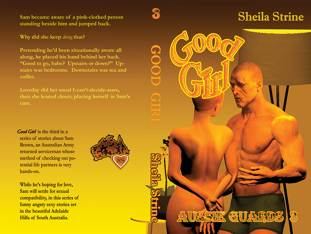 Full book cover featuring a muscled man in running shorts standing by a lamp facing a bare nearly-bald slender girl with her hands behind her back. The title is Good Girl by Sheila Strine, Aussie Guards 3. The back cover has text describing a scene in the book and the overall series as well as the Sheila Strine logo.