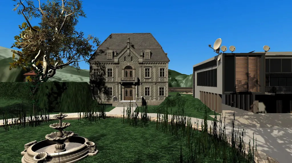 Under a clear blue sky, a circular garden has a large ornate fountain in the center and behind it is a large gum tree with a tree house behind it and two buildings beside it. A mansion has tall ornate windows on the first two stories and attic windows beside an ornate stone gable. An unusual blocky building has three stories and an open garage.  It bears a number of satellite dishes and a hint of solar panels on the roof.