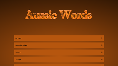 Excerpt from an accordion-style website element entitled Aussie English.  Each slat has an Australian word on it, such as All right and Aussie, and presumably clicking the slat will show an explanation of the term.