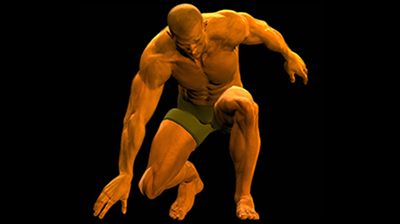 A muscled man wearing only running shorts places his hand on the ground getting ready to rise to a standing position.