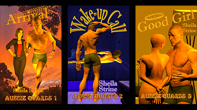 Three book covers by Sheila Strine have the same muscled man in running shorts on the cover.  From left to right, Arrival shows the man running through Australian bush in the sunset watched by a girl in jeans with her hands on her hips; Wake-up Call shows the man holding his hand to his head in perplexity as he looks at the back of a naked woman on a bed in a motorhome; and Good Girl shows the man standing near a lamp next to a bare girl with very short hair with her hands behind her back.