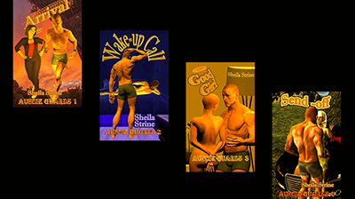 Four book covers by Sheila Strine have the same muscled man in running shorts on the cover.  From left to right, Arrival shows the man running through Australian bush in the sunset being whistled to by a girl in jeans with her hands on her hips; Wake-up Call shows the man holding his hand to his head in perplexity as he looks at the back of a naked woman on a bed in a motorhome; Good Girl shows the man standing near a lamp next to a bare girl with very short hair with her hands behind her back, and Send-off shows the man about to embrace a woman in a sundress wearing lots of jewellery leaning back on a luxury car.