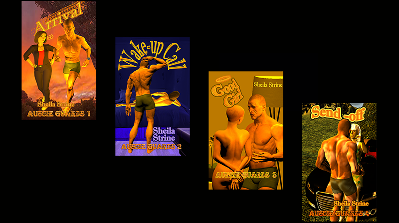 Four book covers by Sheila Strine have the same muscled man in running shorts on the cover.  From left to right, Arrival shows the man running through Australian bush in the sunset being whistled to by a girl in jeans with her hands on her hips; Wake-up Call shows the man holding his hand to his head in perplexity as he looks at the back of a naked woman on a bed in a motorhome; Good Girl shows the man standing near a lamp next to a bare girl with very short hair with her hands behind her back, and Send-off shows the man about to embrace a woman in a sundress wearing lots of jewellery leaning back on a luxury car.