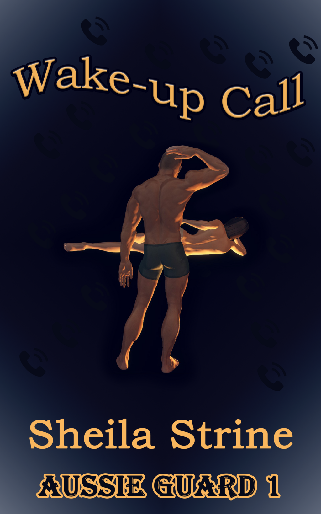 A muscled man in running shorts stands in an attitude of puzzlement with his hand on his head, facing a woman lying sideways with her naked back to him.  She appears to be wearing only underpants.  The title Wake-up Call is in a wavy shape.  There are telephone receiver icons scattered everywhere.  The author name is Sheila Strine and the series number Aussie Guard 1 (no ‘s’) is boldly outlined.