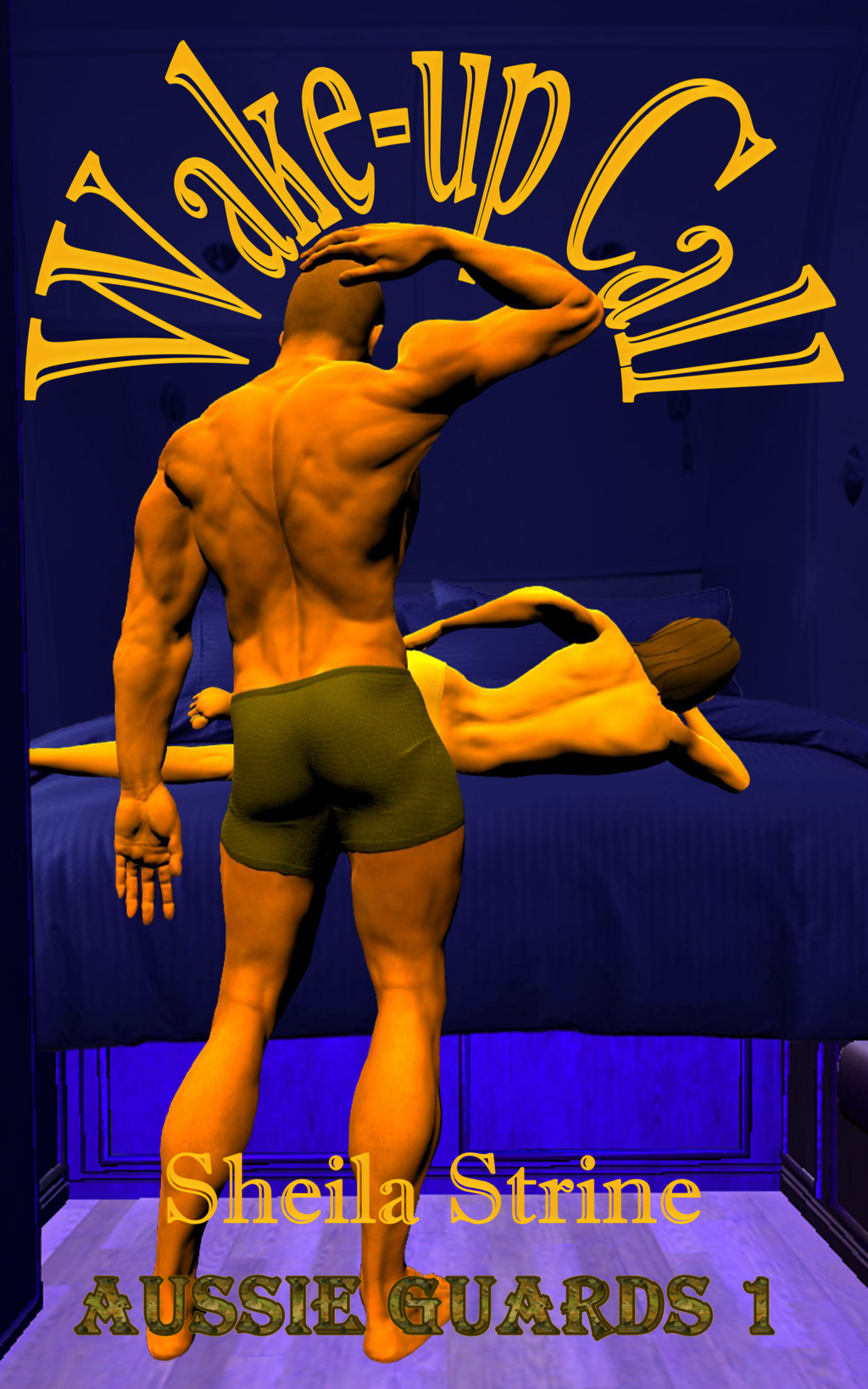 A muscled man in running shorts stands in an attitude of puzzlement with his hand on his head, facing a woman lying sideways on a bed with her naked back to him.  She appears to be wearing only underpants.  The title Wake-up Call is in large letters curved around the man’s head and arm.  There are thankfully no telephone receiver icons any more.  The author name is Sheila Strine and the series number is Aussie Guards (with an ‘s’) 1.
