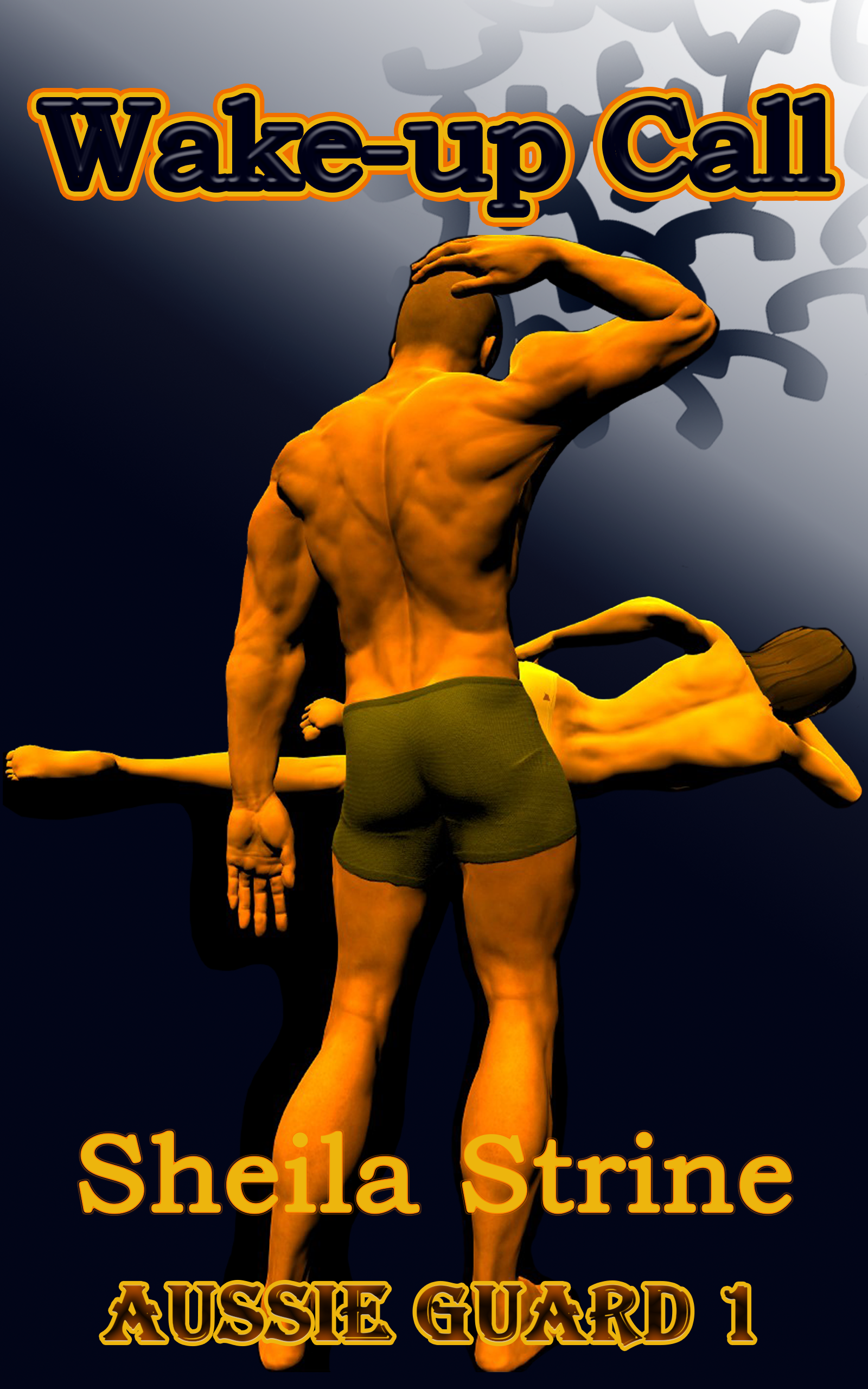 A muscled man in running shorts stands in an attitude of puzzlement with his hand on his head, facing a woman lying sideways with her naked back to him.  She appears to be wearing only underpants.  The title Wake-up Call goes straight across and stands out from the page.  There are telephone receiver icons in the top right corner but they are more faded than before.  The author name is Sheila Strine and the series number Aussie Guard 1 (no ‘s’) is boldly outlined.