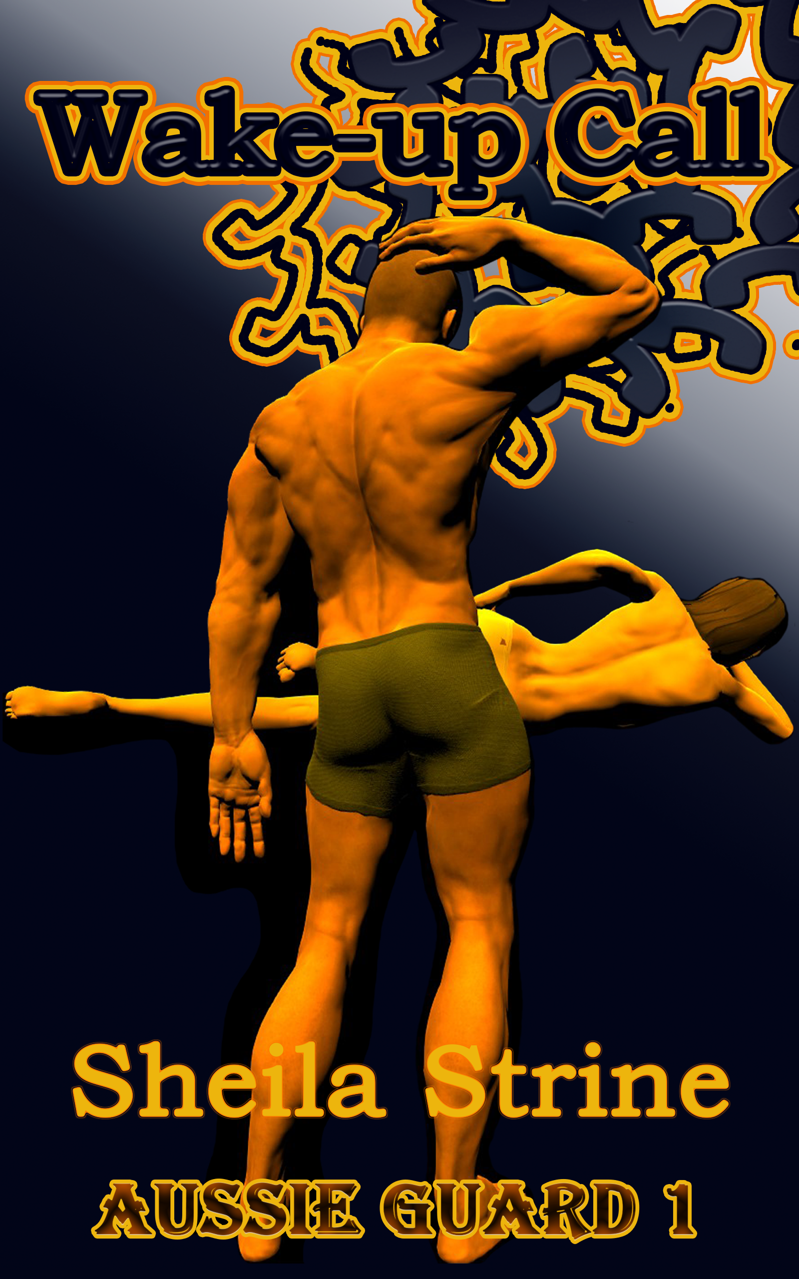 A muscled man in running shorts stands in an attitude of puzzlement with his hand on his head, facing a woman lying sideways with her naked back to him.  She appears to be wearing only underpants.  The title Wake-up Call stands out from the page.  There are telephone receiver icons in the top right corner which now also stand out from the page.  The author name is Sheila Strine and the series number Aussie Guard 1 (still no ‘s’) is boldly outlined.