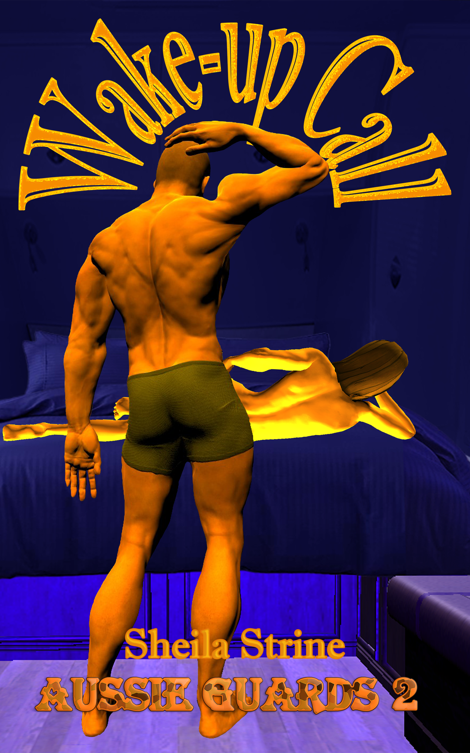 Described exactly as for pictures 7 and 8, a muscled man in running shorts stands in an attitude of puzzlement with his hand on his head, facing a woman lying sideways on a bed with her naked back to him.  She appears to be wearing only underpants.  The title Wake-up Call is in large letters curved around the man’s head and arm.  The author name is Sheila Strine and the series number is Aussie Guards 2.