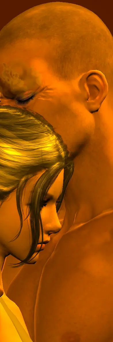 A narrow head and shoulder shot showing a man with a scar over his left eye frowning in anguish as he embraces a woman with loose locks of hair hiding her face.