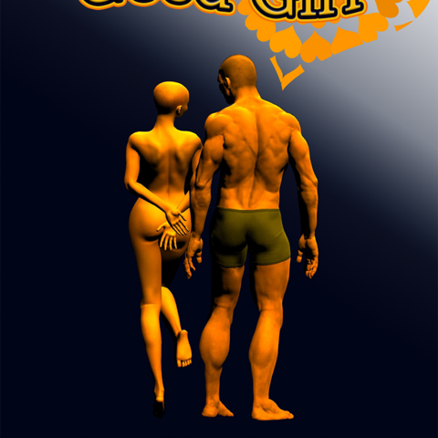 We started the book cover featuring Sam in his favorite running shorts standing behind Loveday who is bare and nearly-bald with her hands crossed shyly behind her back.  The title is Good Girl by Sheila Strine, Aussie Guard 2.  In the top corner are hearts filling a heart shape.