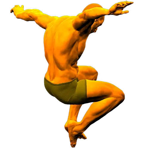A muscled man wearing only running shorts is leaping gleefully into the air with his legs raised and his arms outstretched.