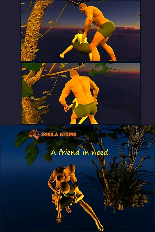 The top image in a triptych shows a muscled man wearing only running shorts bending over a young woman in a tank top and skirt who is kneeling on the ground away from him.  The middle image shows him reaching down to her.  The bottom image shows him kneeling and embracing her from behind.  It is entitled A friend in need and has the Sheila Strine logo on it.