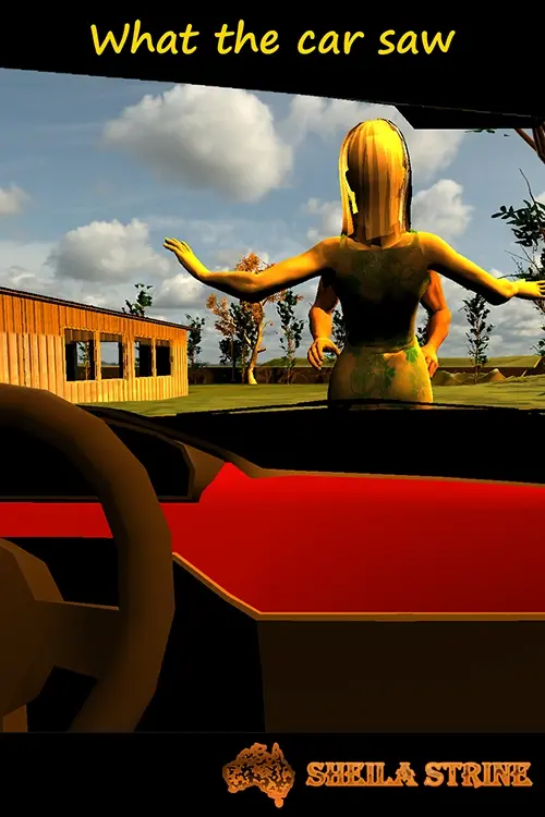 With a steering wheel on one side we look out through a windscreen and see a slender woman in a sundress sitting on the bonnet with her arms open to an approaching man of whom we can only see muscled arms.  A dilapidated building is on one side and gum trees are dotted throughout the rest of the scenery.  The Sheila Strine logo is on the bottom.