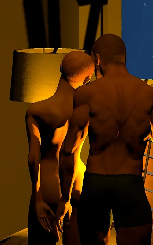 In a motel-style bedroom beside the window, a muscled man in running shorts stands behind a naked girl with very short hair who stands with her back to him, touching her forehead to his cheek. They are brightly lit by standing lamps. A pot plant casts a shadow on the wall beside them.