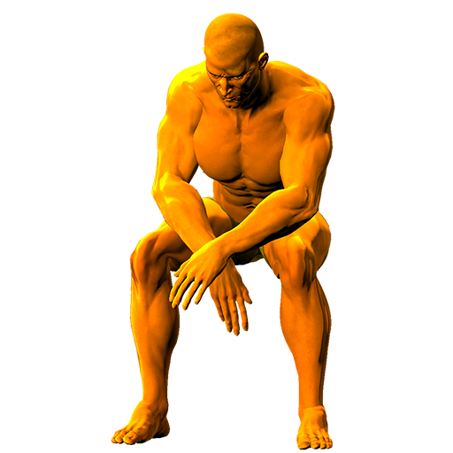 A muscled man wearing only running shorts sits facing left in a dejected pose in an invisible chair.
