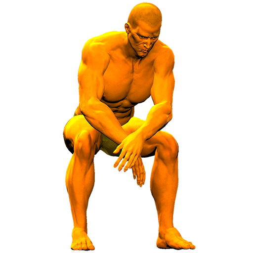 A muscled man wearing only running shorts sits facing right in a dejected pose in an invisible chair.
