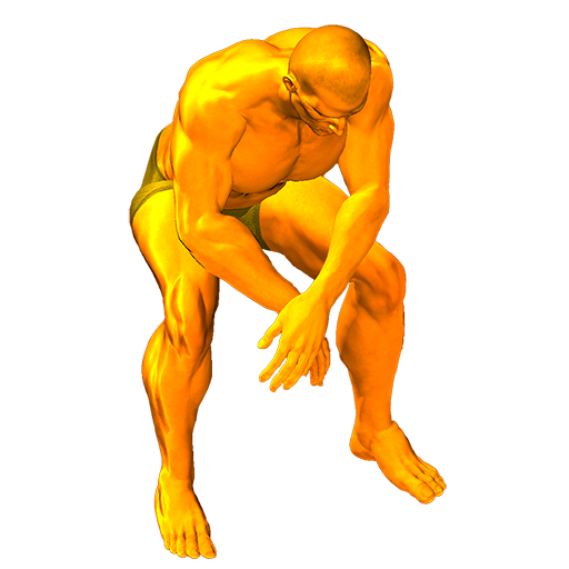 A muscled man wearing only running shorts sits bending over sadly even though he is brightly lit.