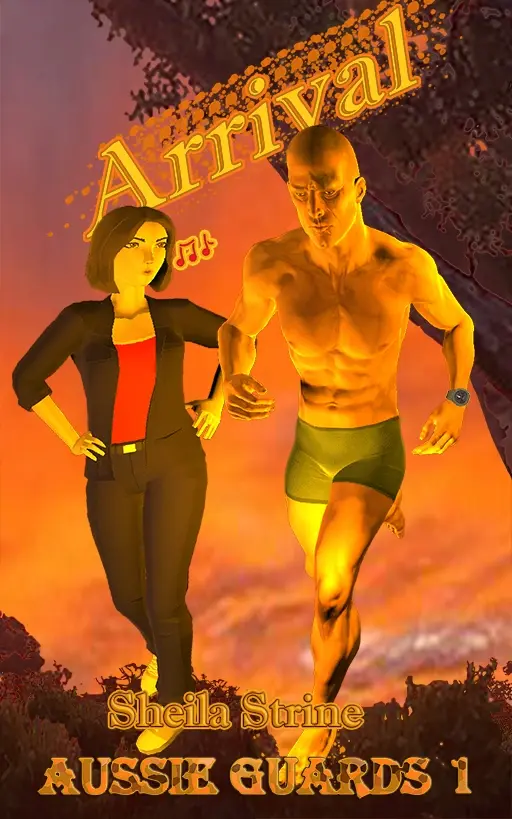 Book cover shows a muscled man in running shorts running in bushland and a slender woman in jeans with her hands on her hips whistling at him.