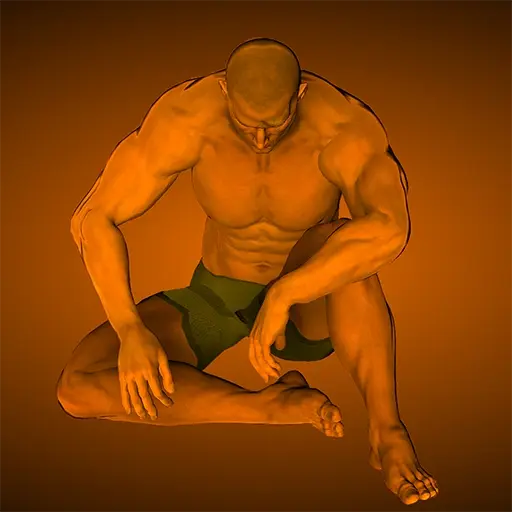 A muscled man in running shorts sits on the ground in a dejected pose.