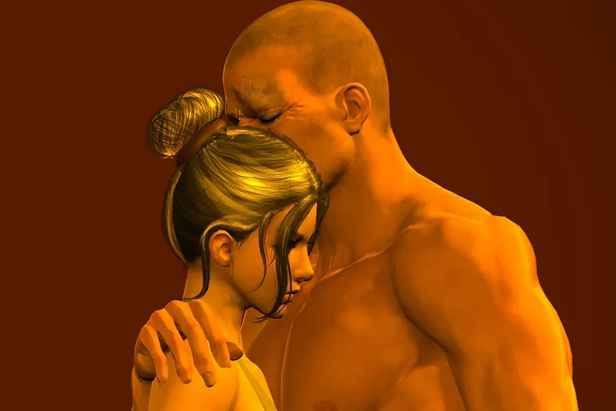 A narrow head and shoulder shot showing a man with a scar over his left eye frowning in anguish as he embraces a woman with loose locks of hair hiding her face.